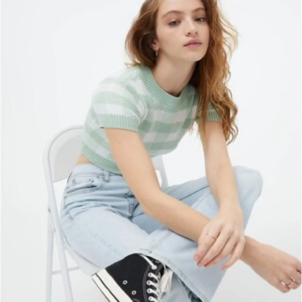 Sweater Top Aeropostale Short Sleeve Blue Gingham Size XS NWT Fall Winter Cozy - Picture 7 of 7